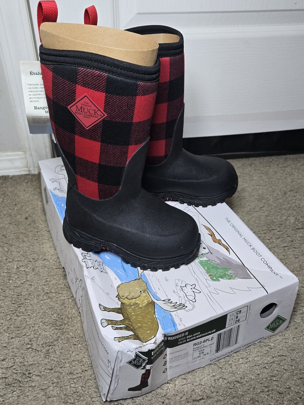 Muck Childrens Rugged Boot Company Kids' Red Buffalo Plaid Waterproof Rain Boots